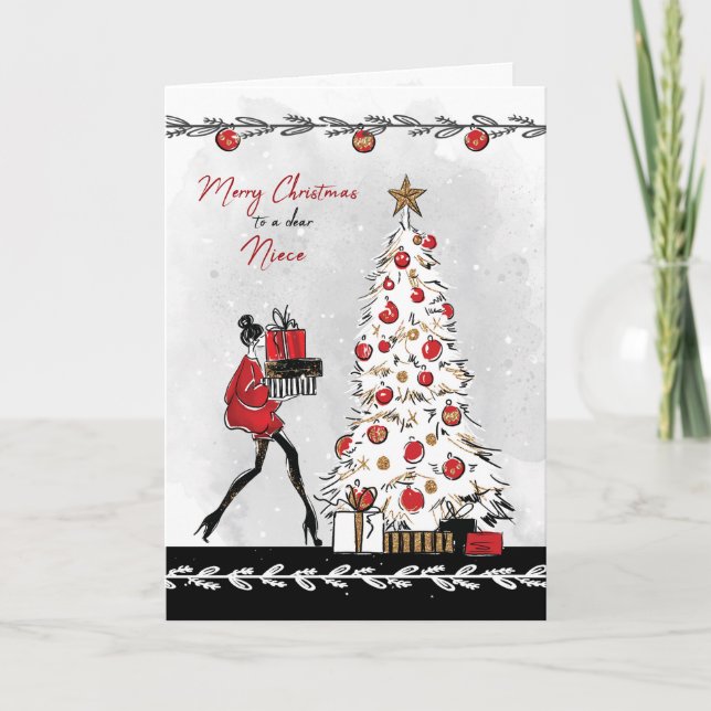 Christmas for Niece Stylish Lady with Gifts Card (Front)