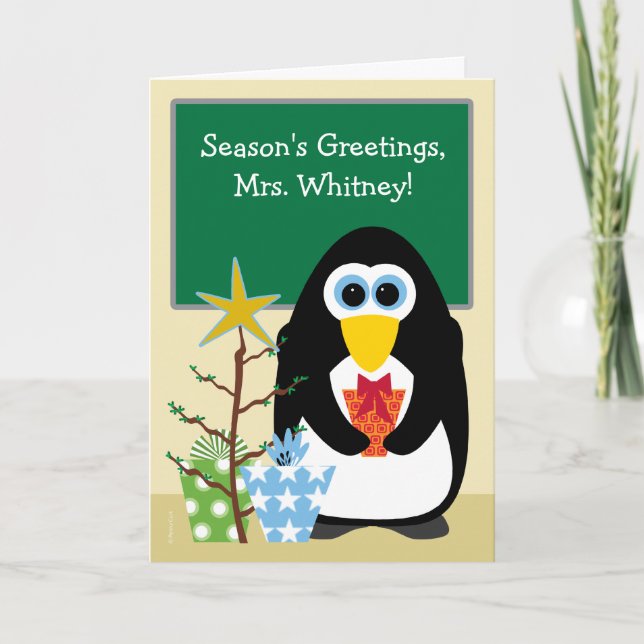 Christmas for Teacher Cute Penguin in Classroom Holiday Card (Front)