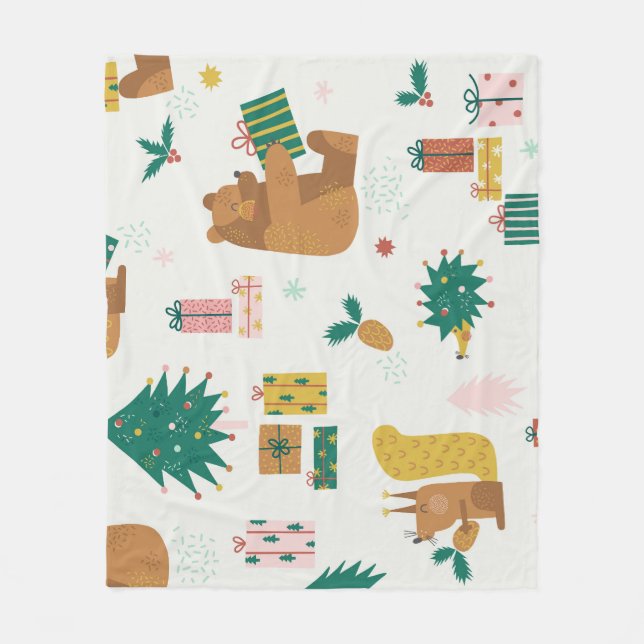 Christmas Forest Animals: Vintage Vibe Fleece Blanket (Front)