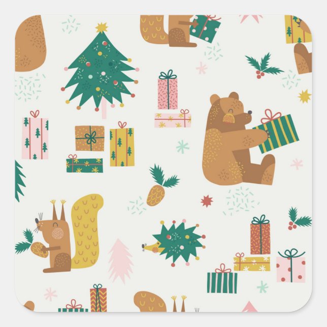 Christmas Forest Animals: Vintage Vibe Square Sticker (Front)