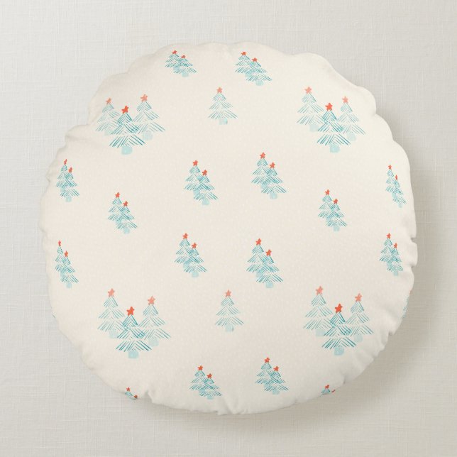 Christmas forest, Christmas trees in teal.  Round Cushion (Front)