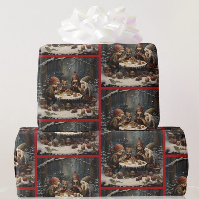 Christmas Forest Elves with Mouse Friend Tea Party Wrapping Paper (Creator Uploaded)