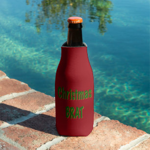 Christmas Forest Green Gold Brat On Crimson Red Bottle Cooler