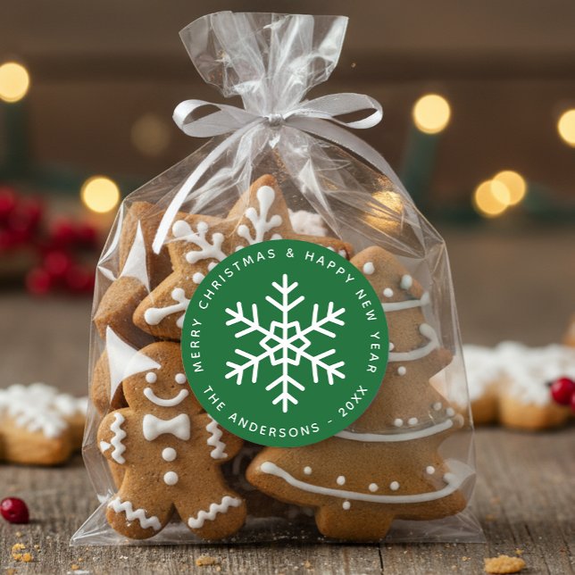 Christmas Forest Green White Snowflake Holidays  Classic Round Sticker (Creator Uploaded)