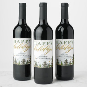 Christmas Forest Mountains Happy Holidays Wine Label