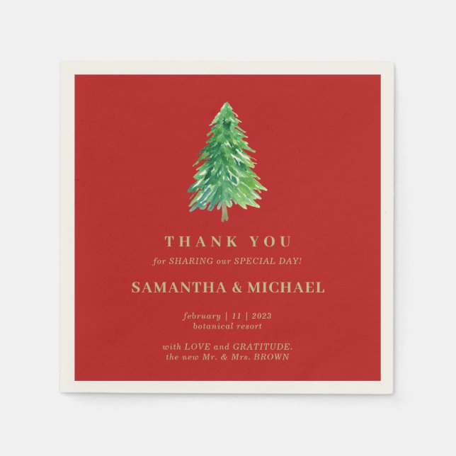 Christmas Forest TREE Red Background Thank You Napkin (Front)