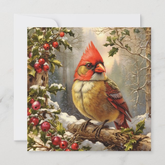 Christmas Forest with Holly Berry, Bird, Winter Holiday Card (Front)