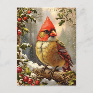Christmas Forest with Holly Berry, Bird, Winter Holiday Postcard
