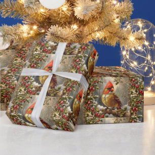 Christmas Forest with Holly Berry, Bird, Winter Wrapping Paper