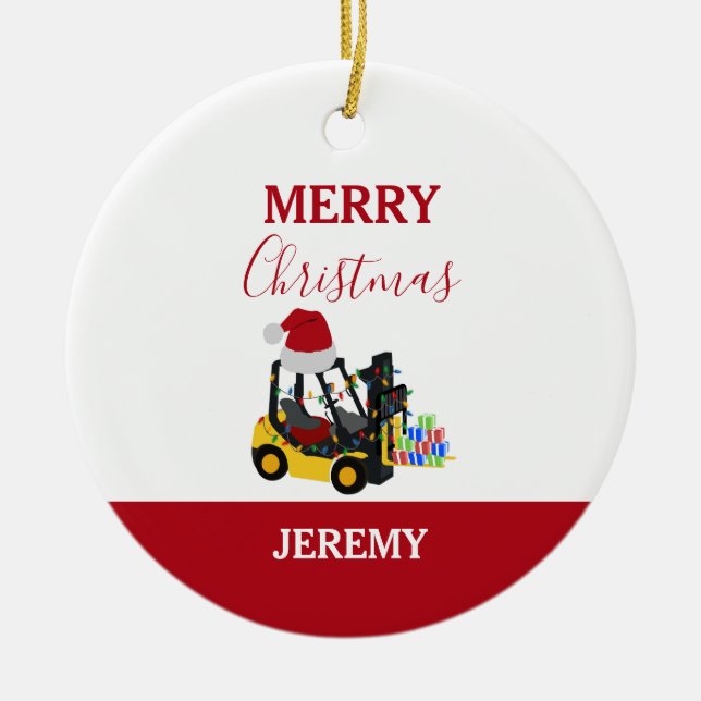 Christmas Forklift Truck  Ceramic Tree Decoration (Front)