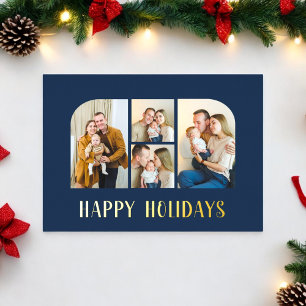 Christmas four family  photo minimlist  green  foil holiday card