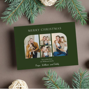 Christmas four family photo minimlist green holiday card