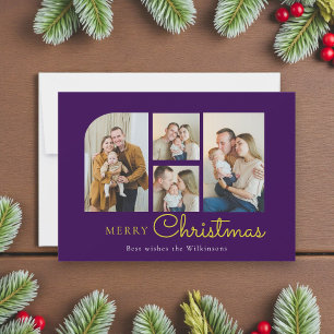 Christmas four photo purple gold christmas  holiday card