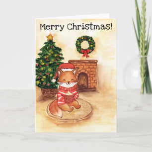 Christmas fox by the fireplace holiday card