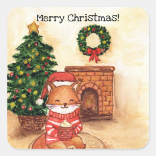 Christmas fox by the fireplace square sticker