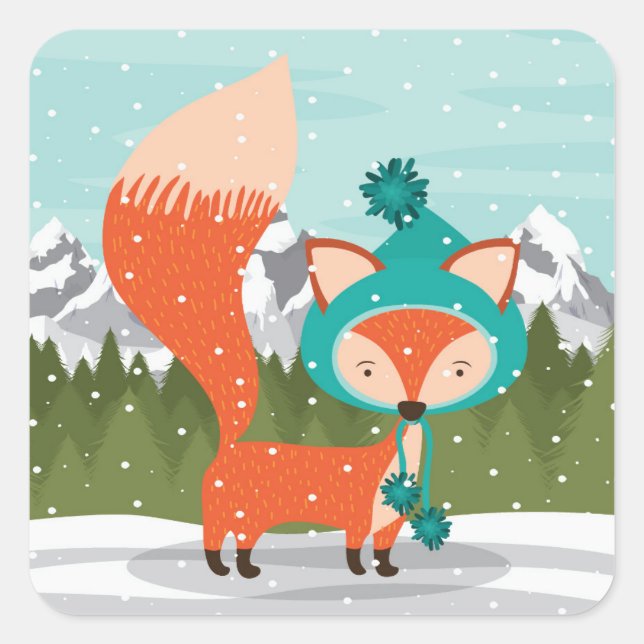 Christmas Fox In A Teal Hat Square Sticker (Front)