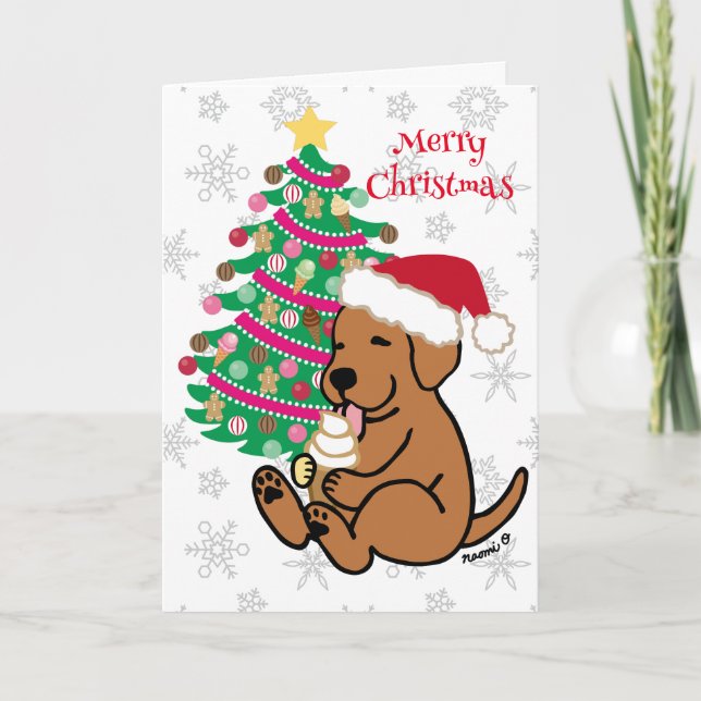 Christmas Fox Red Labrador Ice Cream Licking Holiday Card (Front)