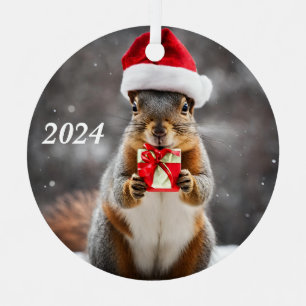 Christmas Fox Squirrel with a Santa Hat Metal Tree Decoration