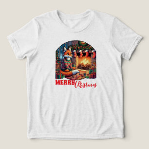Christmas Fox with Stockings and Holly Tri-Blend Shirt