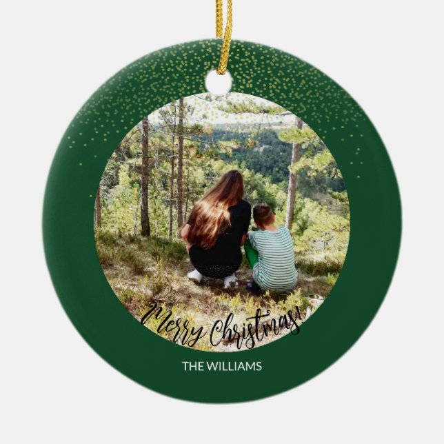 Christmas Framed Photo Forest Green Glitter Ceramic Tree Decoration (Front)