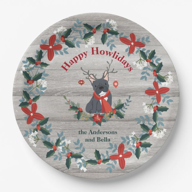 Christmas French Bull  Dog Antlers Rustic Greenery Paper Plate (Front)