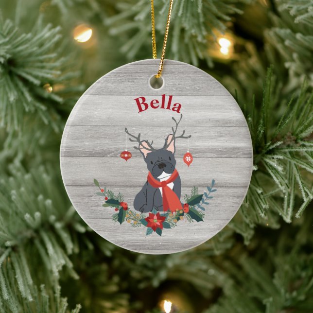Christmas French Bulldog Antlers & Rustic Greenery Ceramic Tree Decoration (Tree)