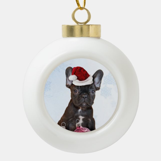 Christmas French Bulldog Ceramic Ball Christmas Ornament (Front)