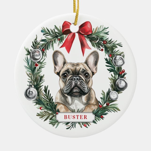 Christmas French Bulldog Ceramic Circle Ornament (Front)