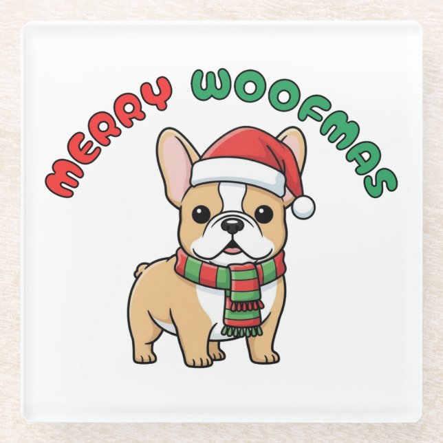 Christmas French Bulldog Coaster: Merry Woofmas Glass Coaster (Front)