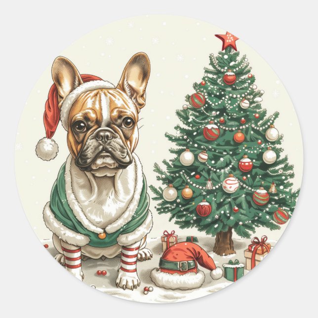 Christmas French Bulldog Elf Dog Classic Round Sticker (Front)