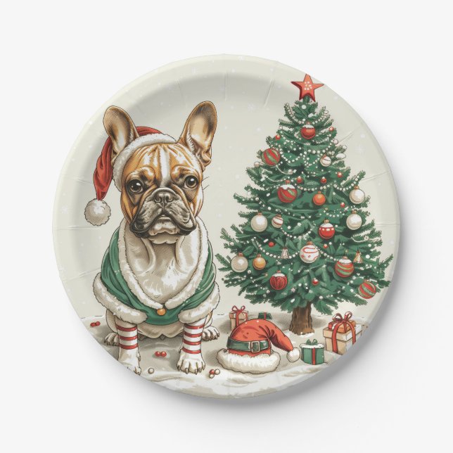 Christmas French Bulldog Elf Dog Paper Plate (Front)