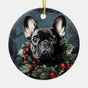 Christmas French Bulldog Holly Ceramic Tree Decoration