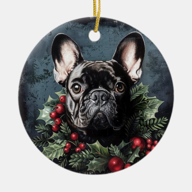 Christmas French Bulldog Holly Ceramic Tree Decoration (Front)