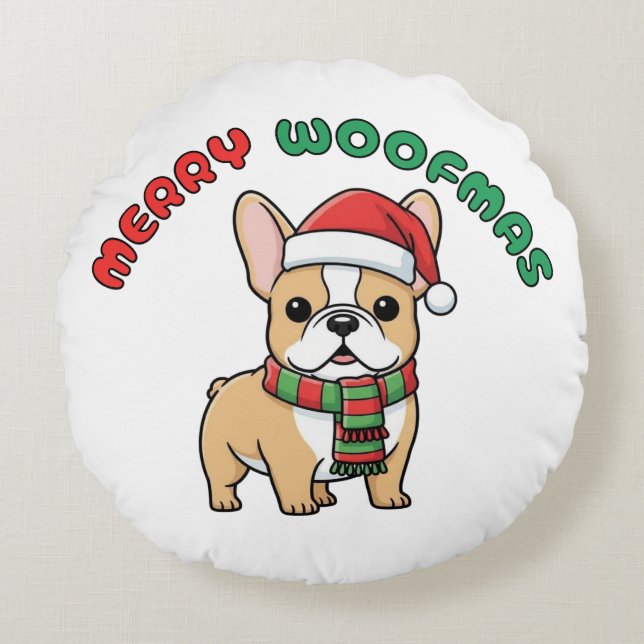 Christmas French Bulldog: Merry Woofmas Round Cushion (Front)