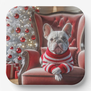 Christmas French Bulldog On a Chair Paper Plate