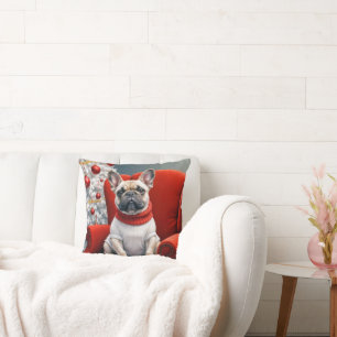 Christmas French Bulldog On a Red Chair Cushion