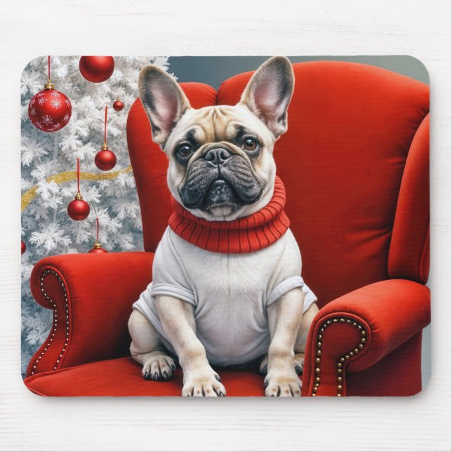 Christmas French Bulldog On a Red Chair Mouse Mat (Front)