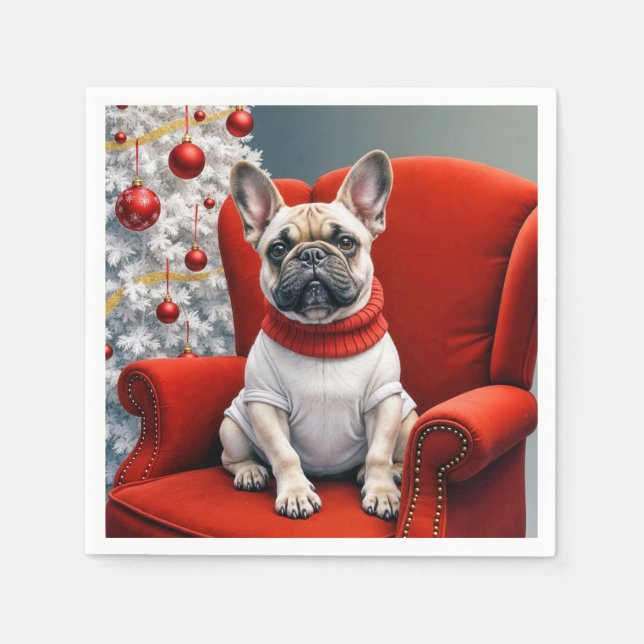 Christmas French Bulldog On a Red Chair Napkin (Front)