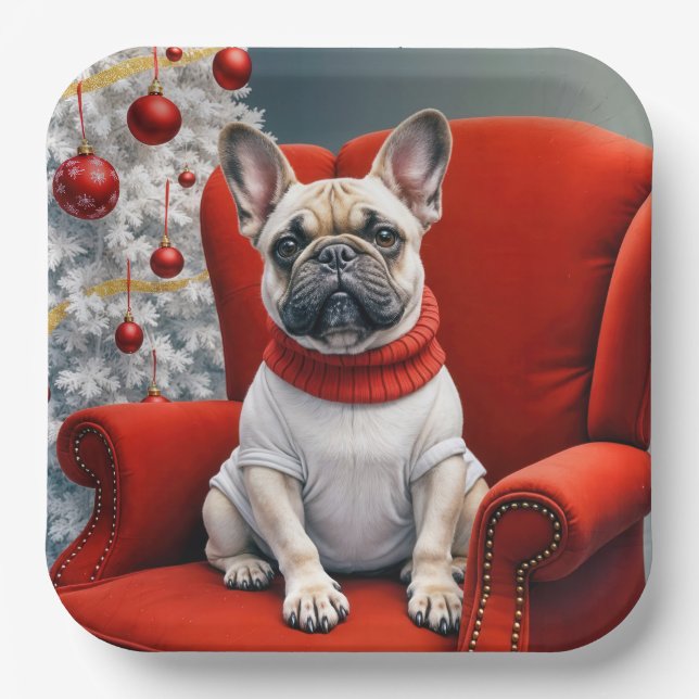 Christmas French Bulldog On a Red Chair Paper Plate (Front)