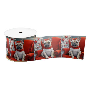 Christmas French Bulldog On a Red Chair Satin Ribbon