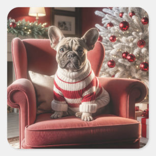 Christmas French Bulldog On a Red Chair Square Sticker