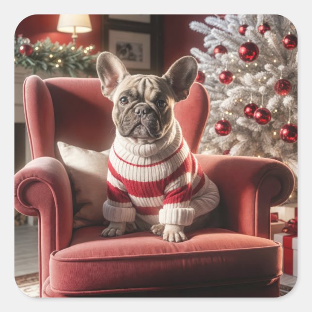 Christmas French Bulldog On a Red Chair Square Sticker (Front)