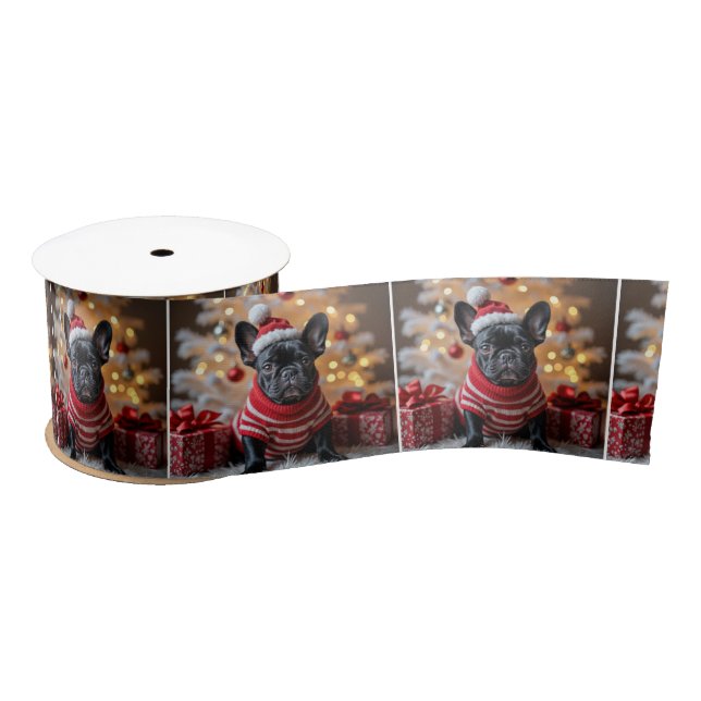Christmas French Bulldog On Fur Satin Ribbon (Spool)