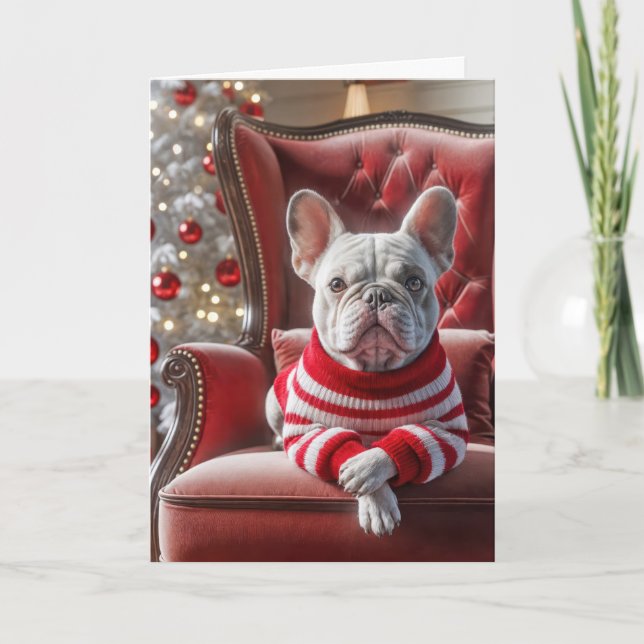 Christmas French Bulldog On Red Chair Card (Front)