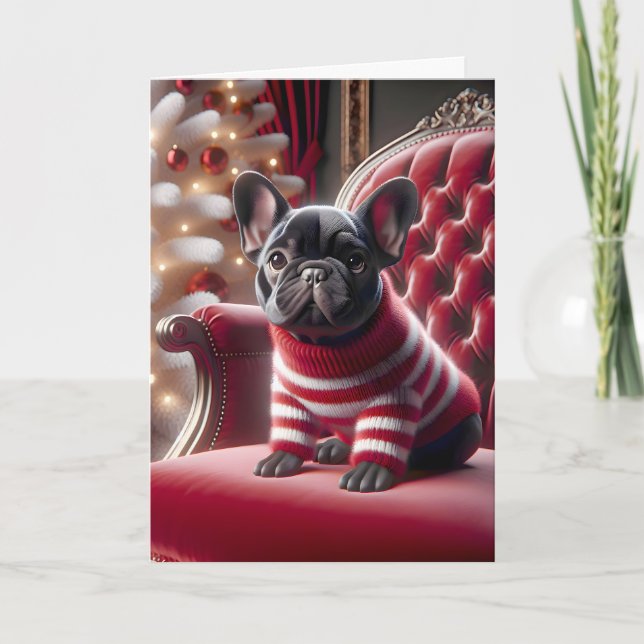 Christmas French Bulldog On Red Chair Card (Front)
