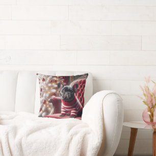 Christmas French Bulldog On Red Chair Cushion