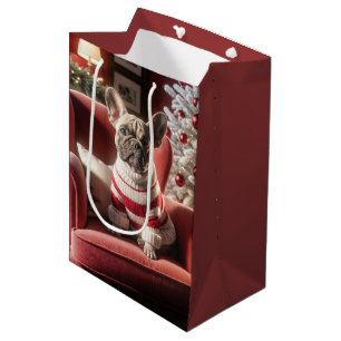 Christmas French Bulldog On Red Chair Medium Gift Bag