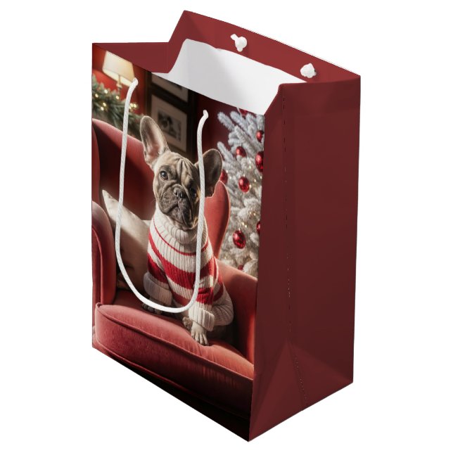 Christmas French Bulldog On Red Chair Medium Gift Bag (Front Angled)