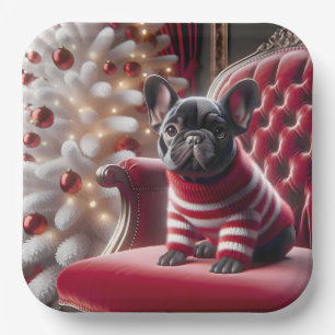 Christmas French Bulldog On Red Chair Paper Plate
