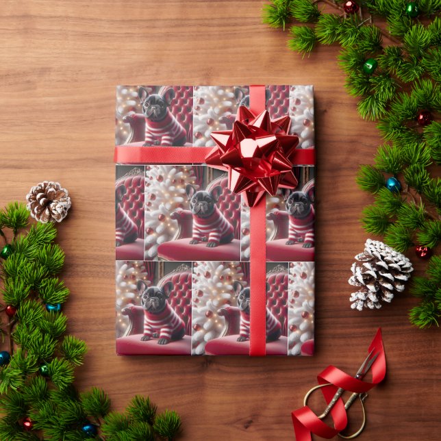 Christmas French Bulldog On Red Chair Wrapping Paper (Holiday Gift)